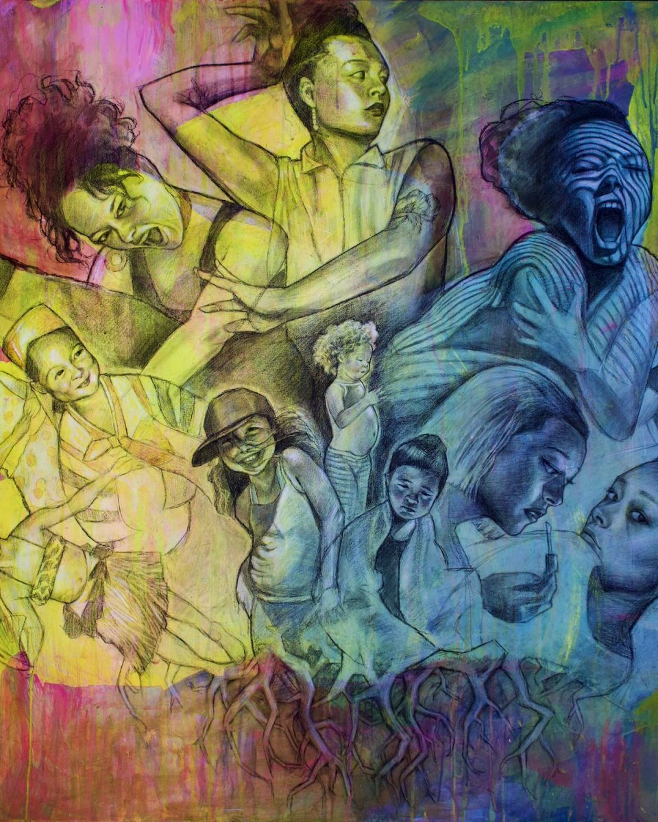 A vibrant painting showcasing women in a variety of colors, celebrating diversity and individuality through art.