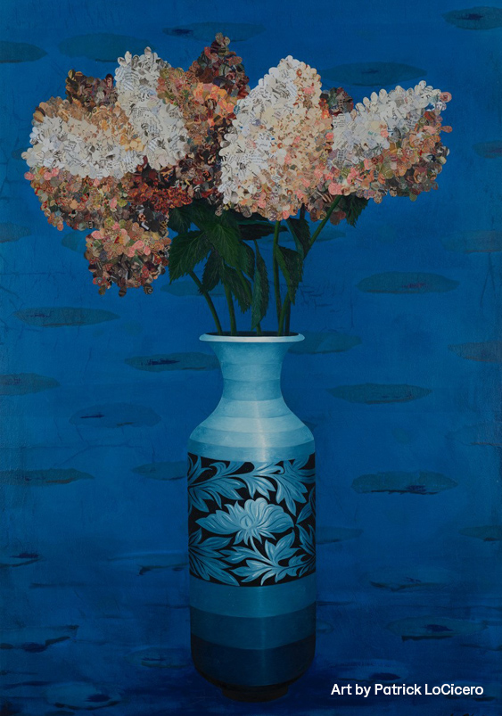 Painting of white and pink hydrangeas in a blue vase with floral patterns, set against a textured blue background