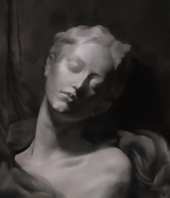 Marble bust of a serene woman with closed eyes against a dark background