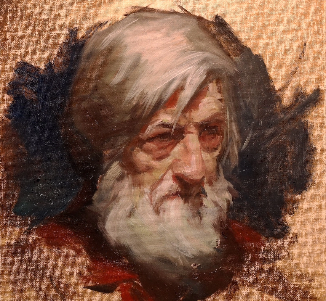 An oil painting depicting an elderly man with a long white beard, showcasing his wise and weathered expression.